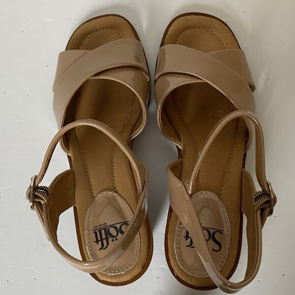 Sofft Gabella Wedge Sandals Sz 7.5 Beige Patent Leather Open Toe Ankle Strap - Picture 4 of 16